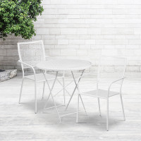 Flash Furniture CO-30RDF-02CHR2-WH-GG 30" Round Steel Folding Patio Table Set with 2 Square Back Chairs in White